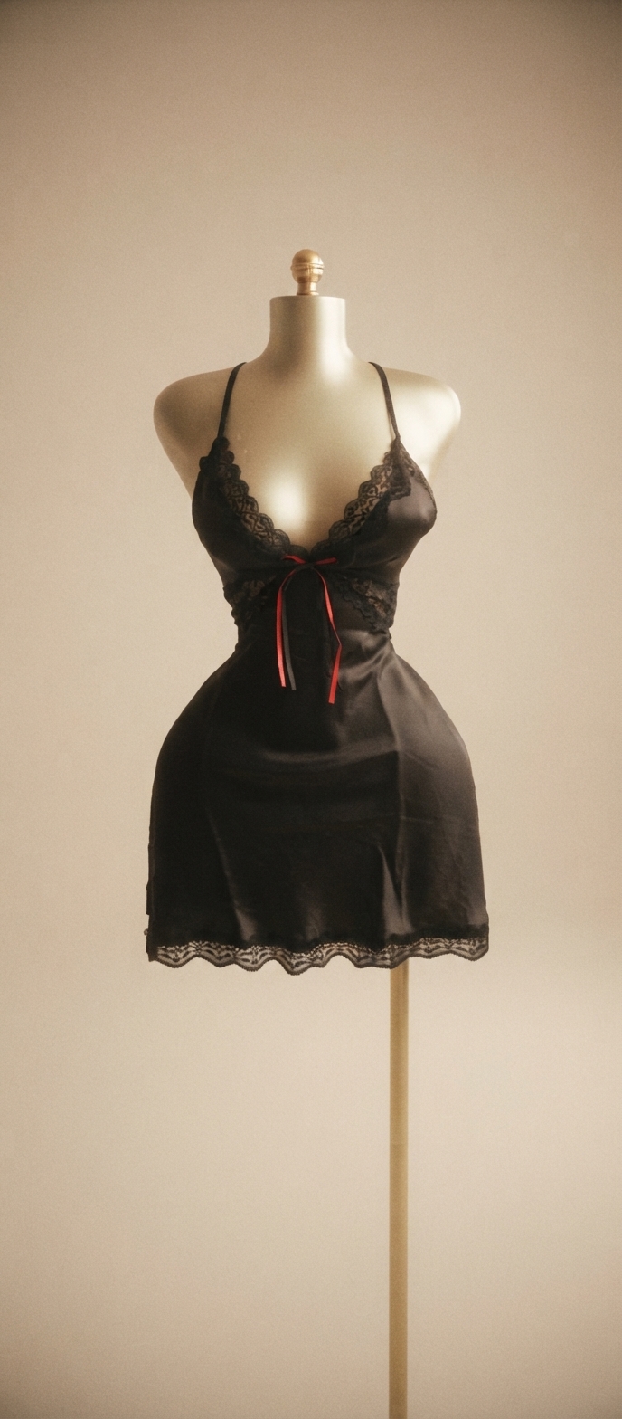 Black Satin and Lace Chemise with Red Ribbon Accent