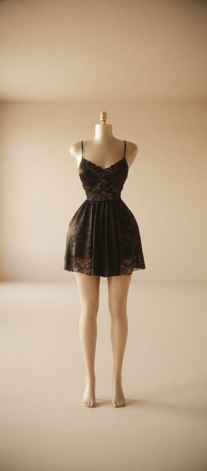 Black Satin and Lace Flared Slip Dress
