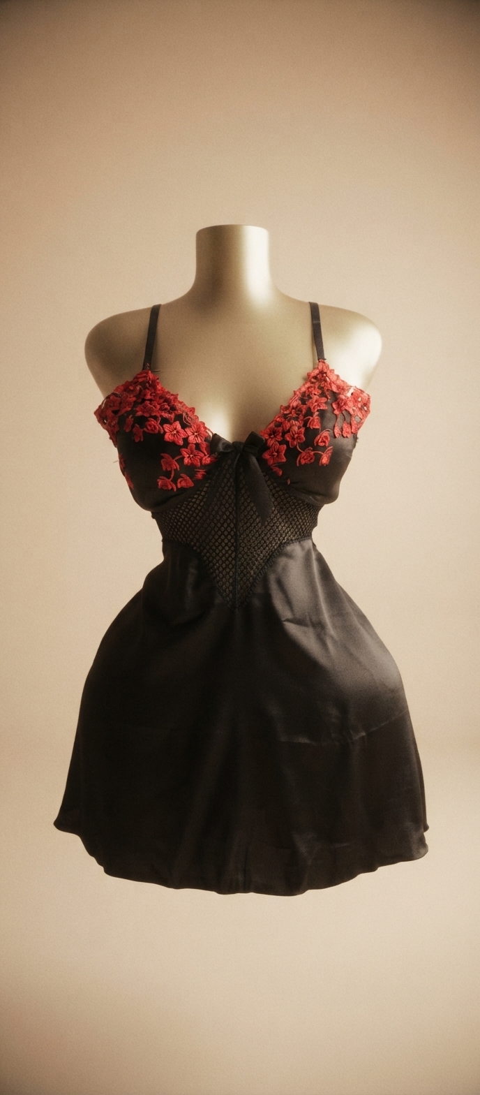 Black Satin and Red Floral Appliqué Chemise