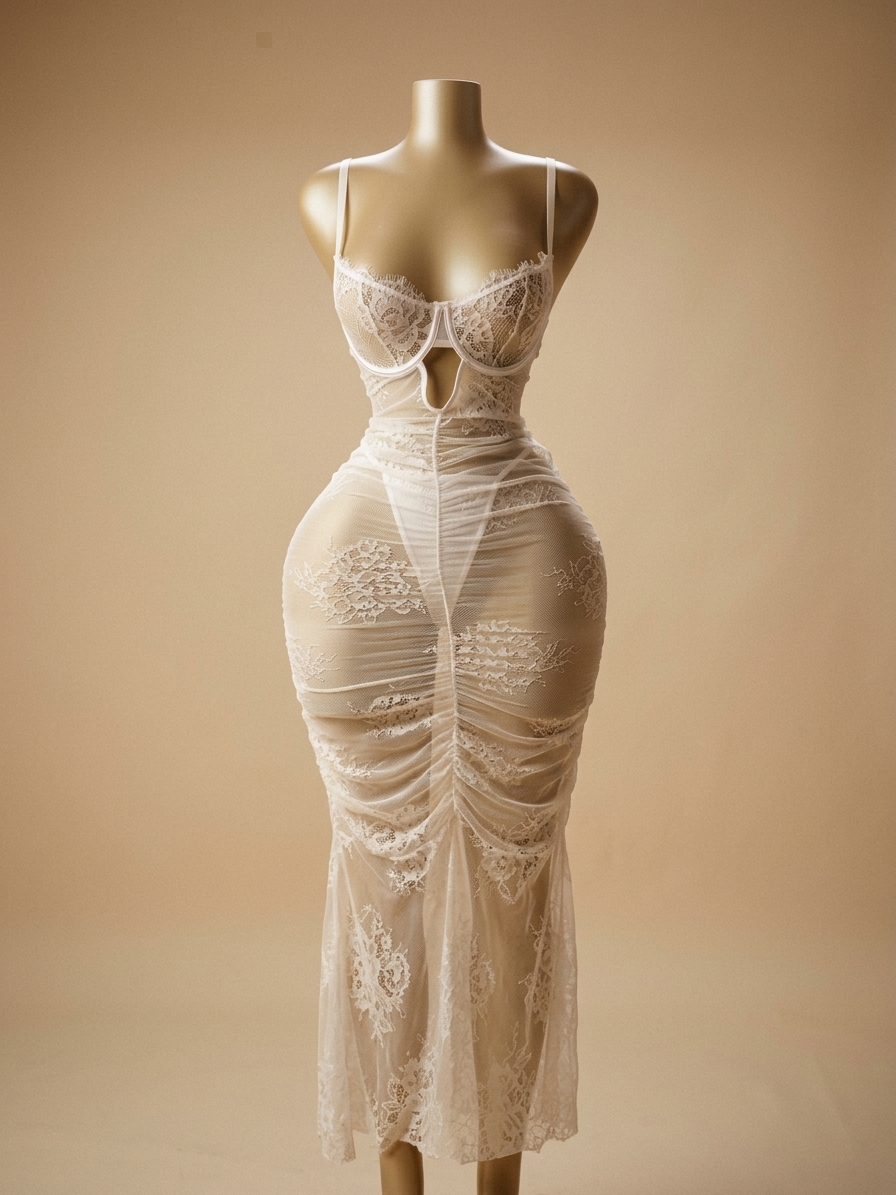 Sheer Mesh and Lace Ruched Midi Dress Set