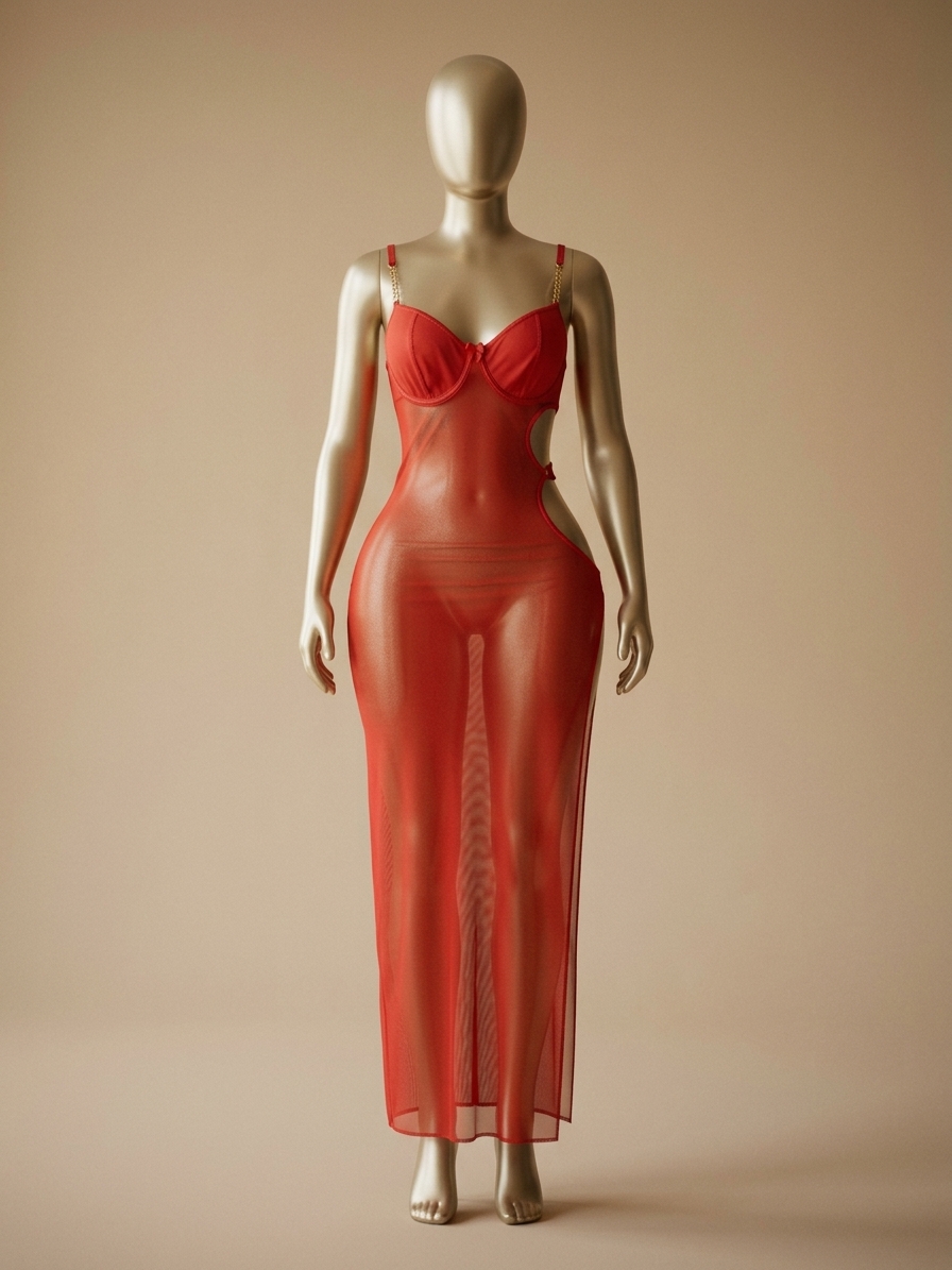 Red Sheer Mesh Cutout Midi Dress Set