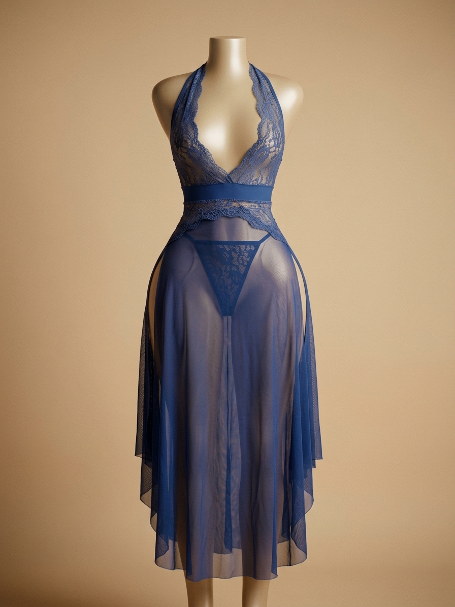 Blue Lace and Sheer Mesh Halter Chemise Set