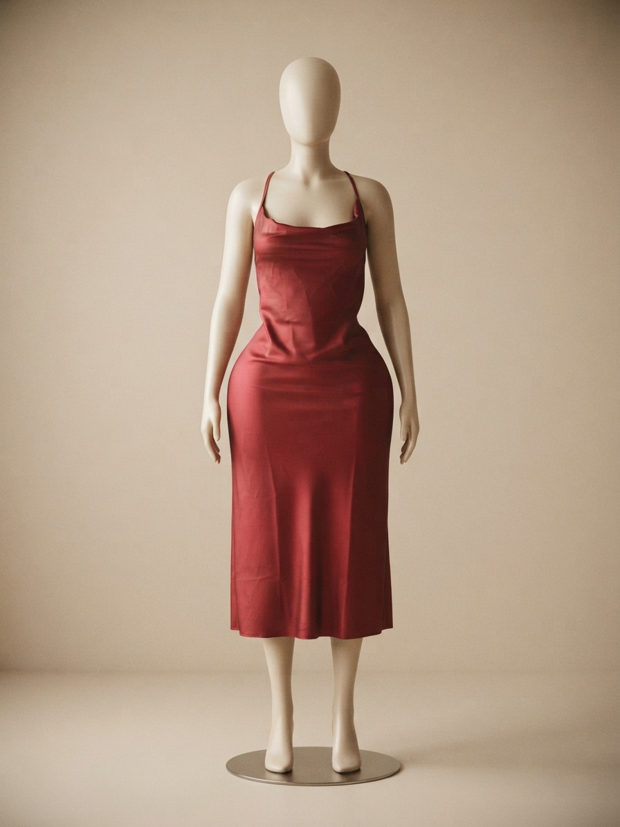 Deep Red Satin Cowl Neck Midi Slip Dress
