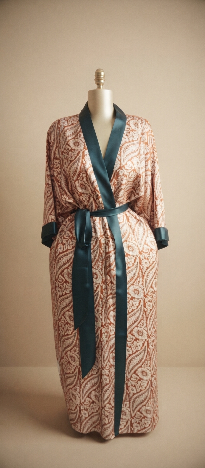 Rust Paisley and Dark Green Satin-Trim Robe
