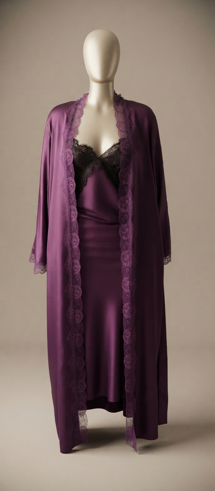 Plum Satin and Lace Trim Long Robe Set