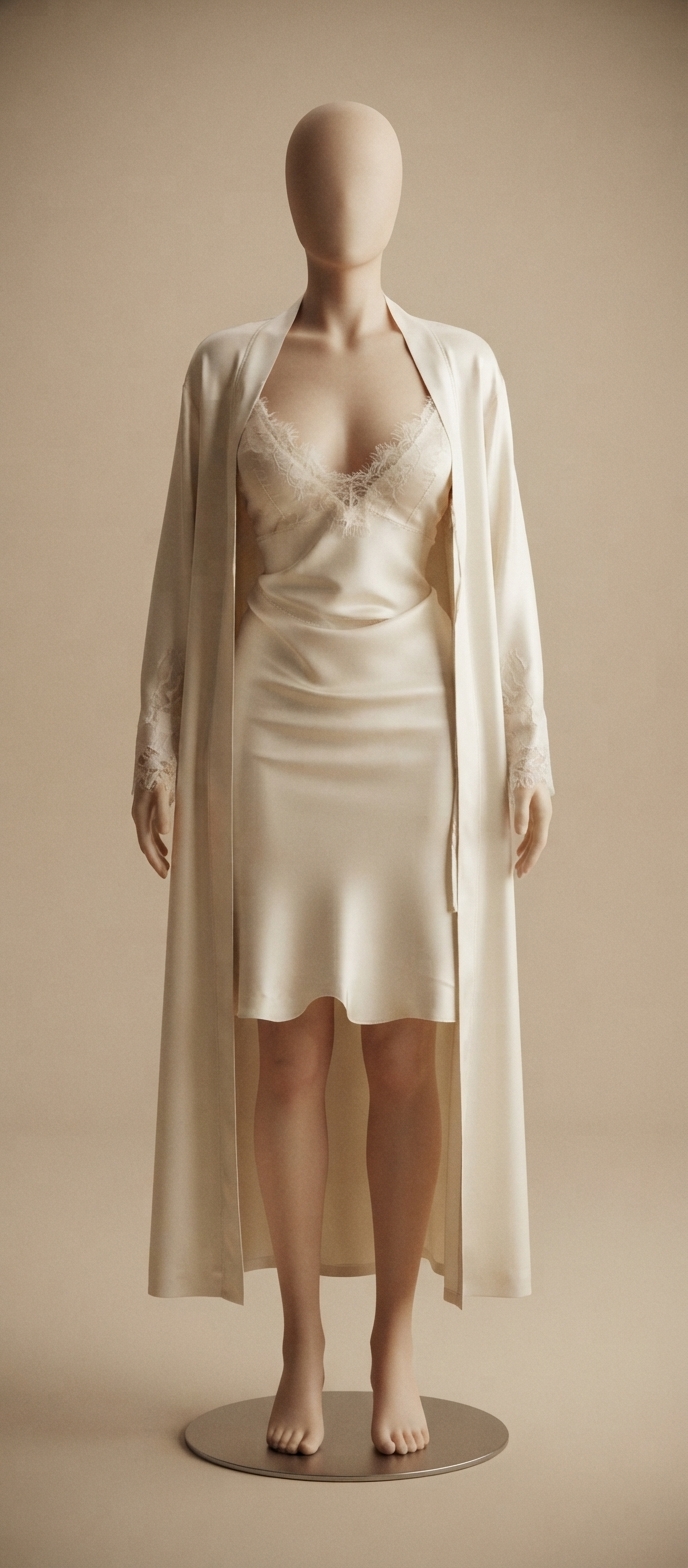 Ivory Satin and Eyelash Lace Trim Robe and Slip Set