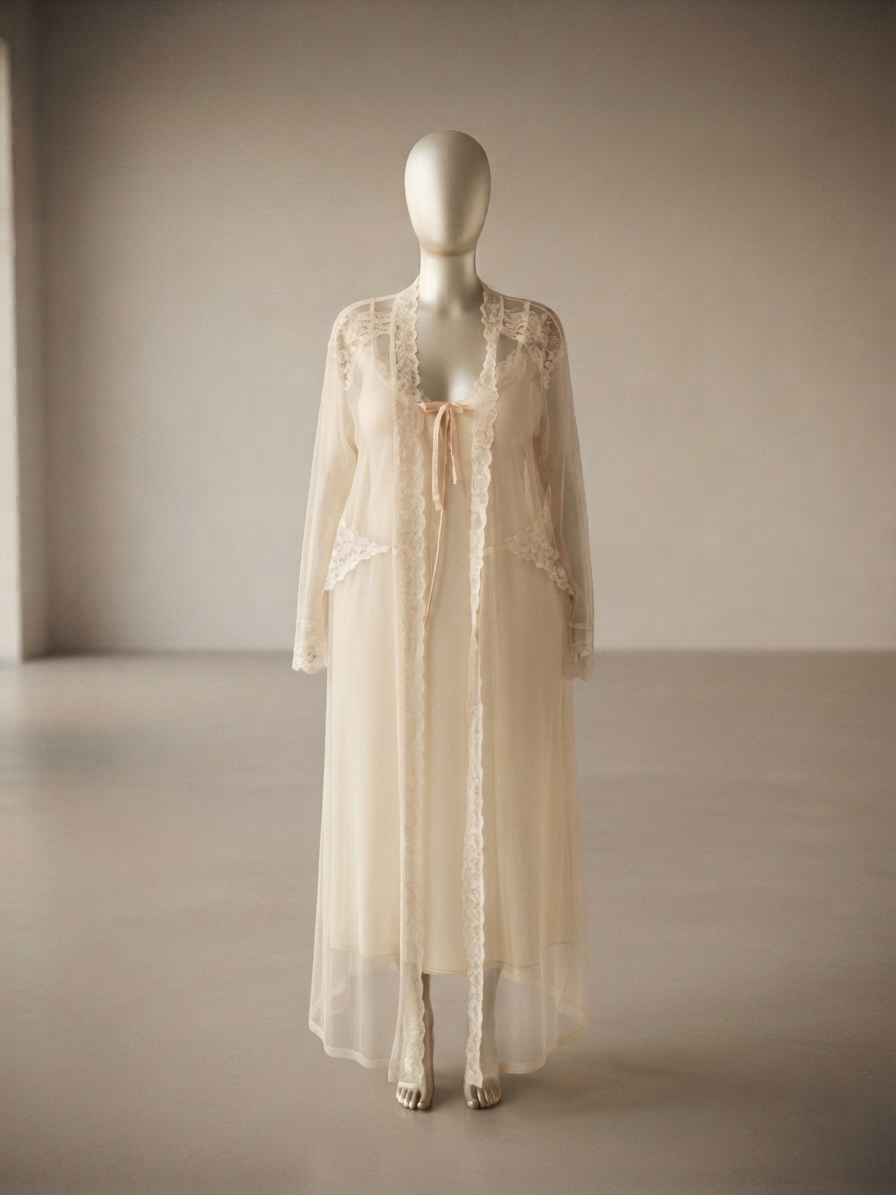 Champagne Sheer Mesh and Lace Long Robe Set