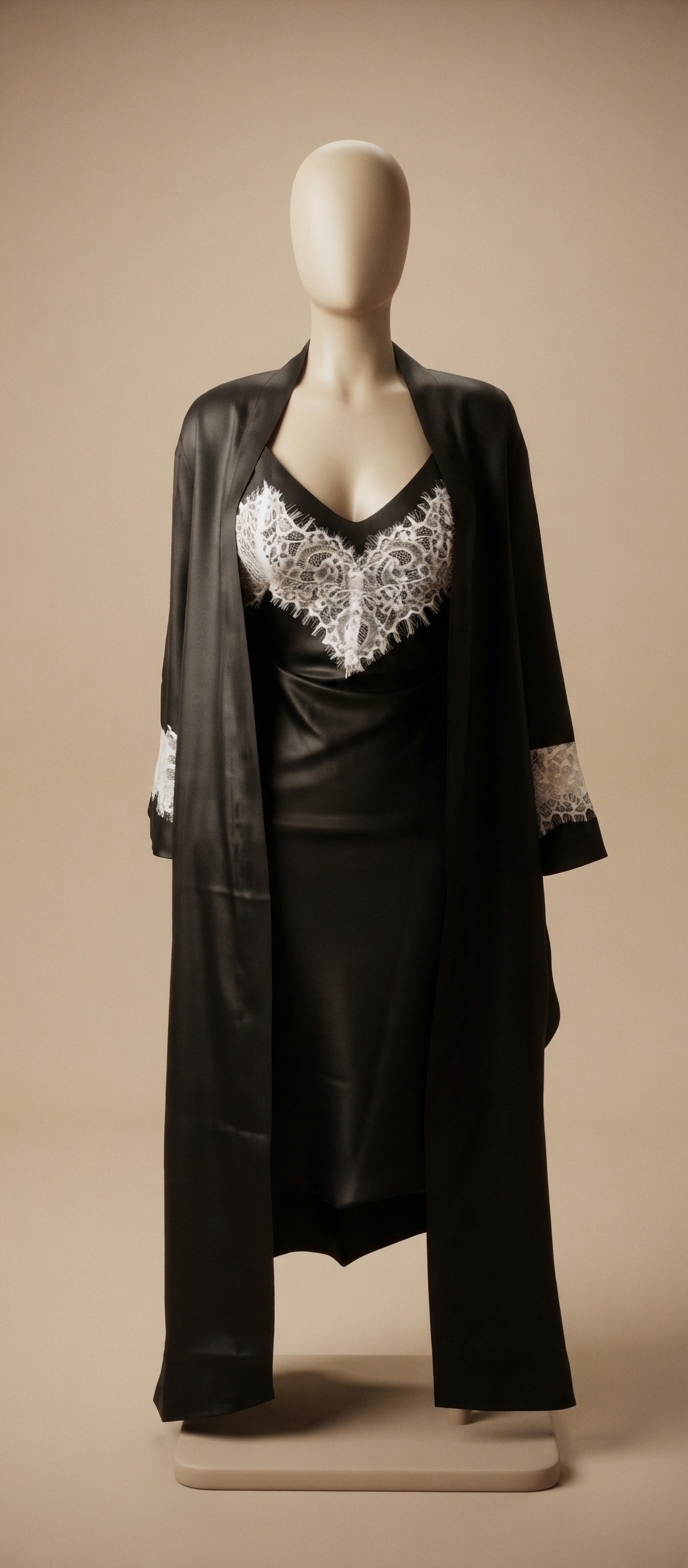 Black Satin and White Lace-Trim Robe and Slip Set