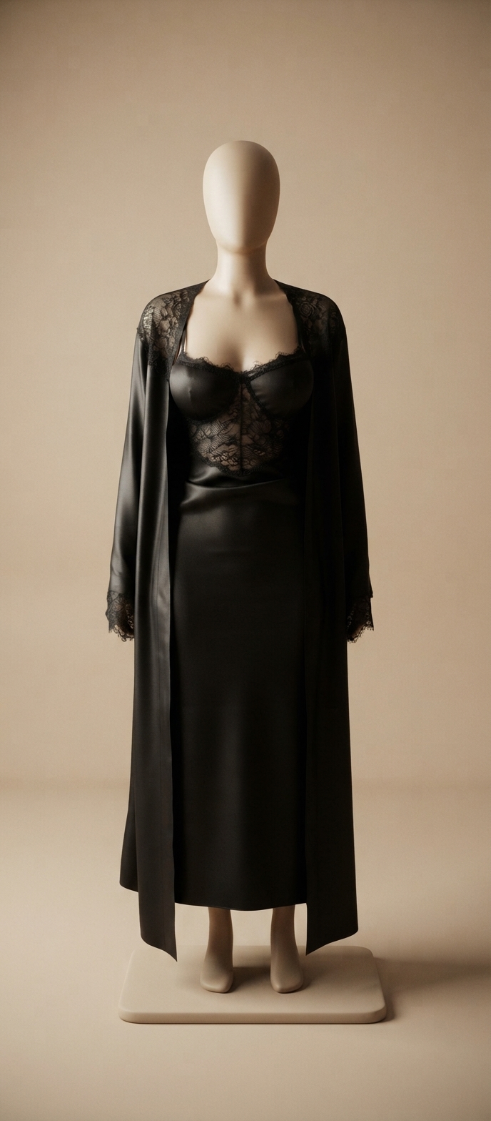 Black Satin and Lace-Trim Robe and Slip Set