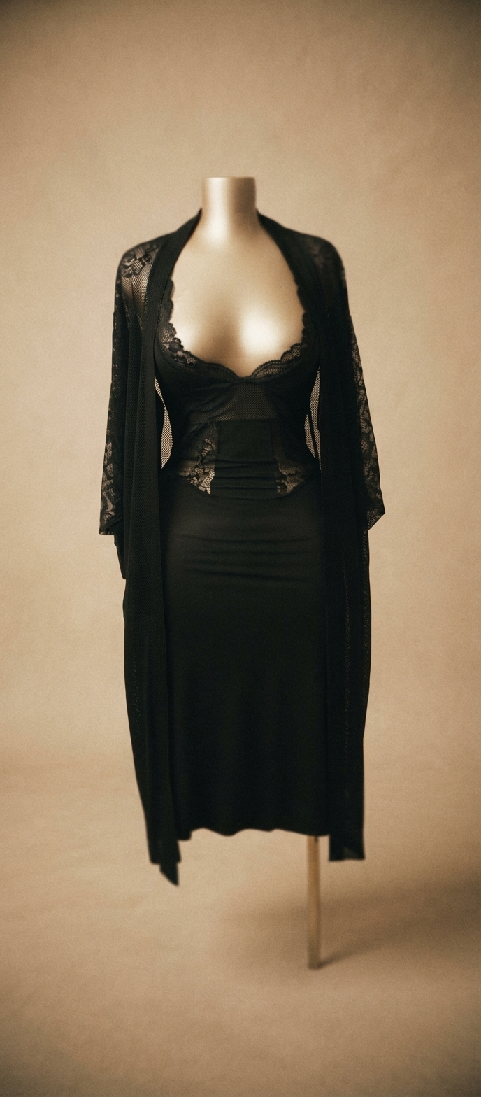 Black Lace-Trim Long Robe and Corset-Style Dress Set