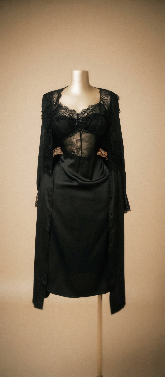Black Satin and Lace Corset-Style Robe and Slip Set