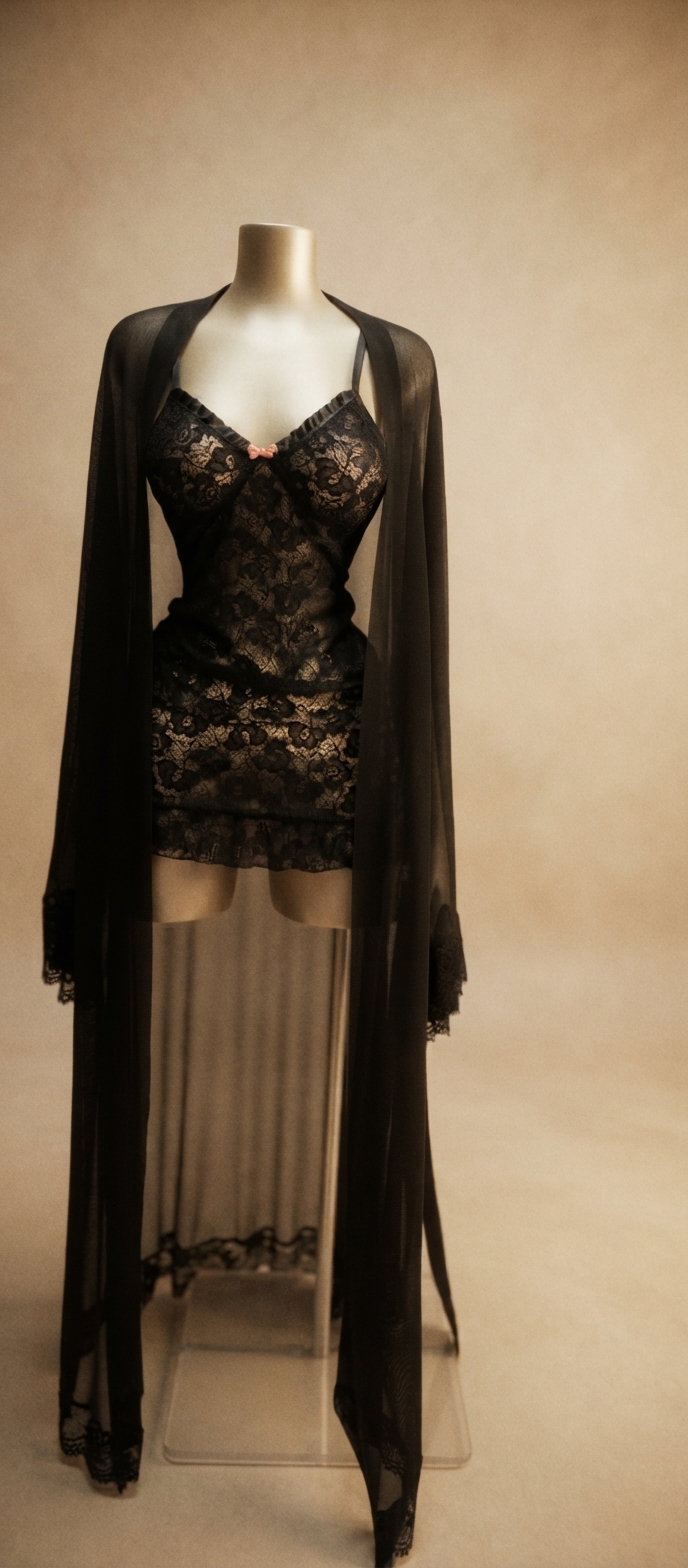 Black Lace Chemise and Sheer Long Robe Set