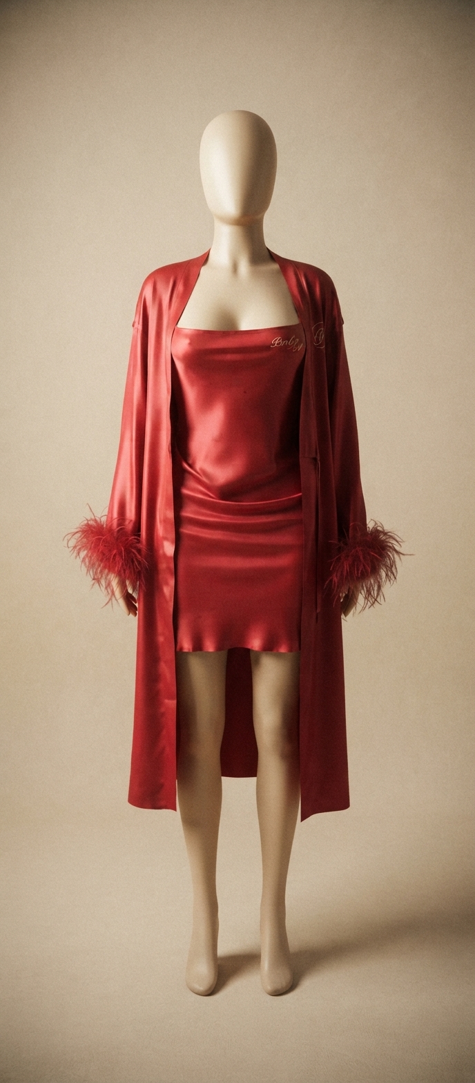 Red Satin Feather-Trim Robe and Mini Slip Set