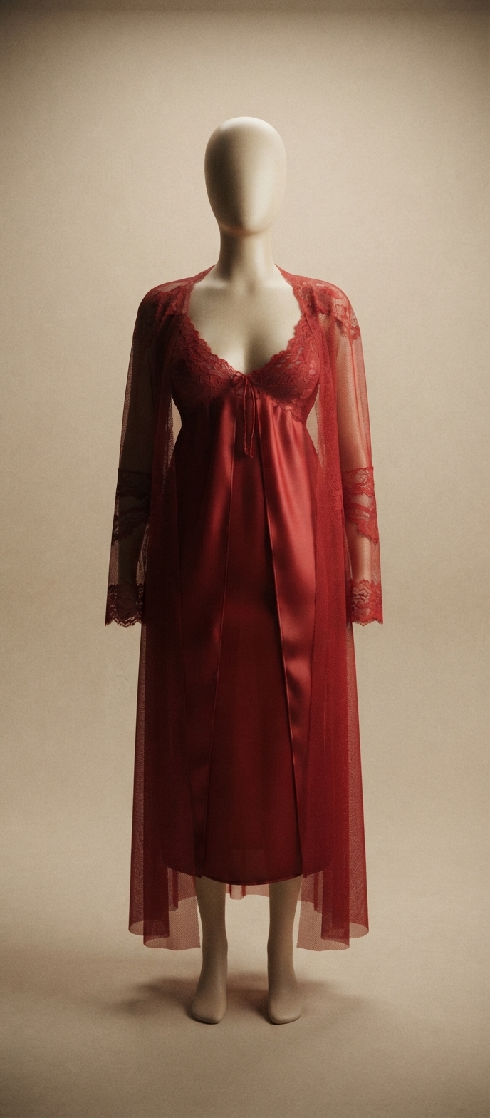 Red Satin and Lace Long Robe and Slip Set