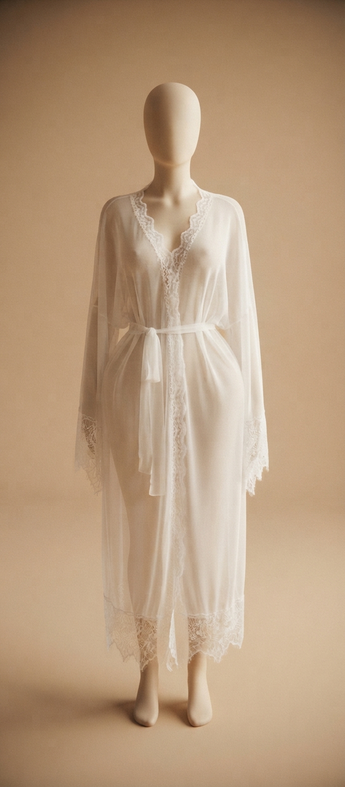 White Sheer Lace-Trim Long Robe