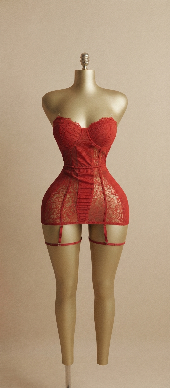 Red Lace Corset-Style Lingerie and Garter Set