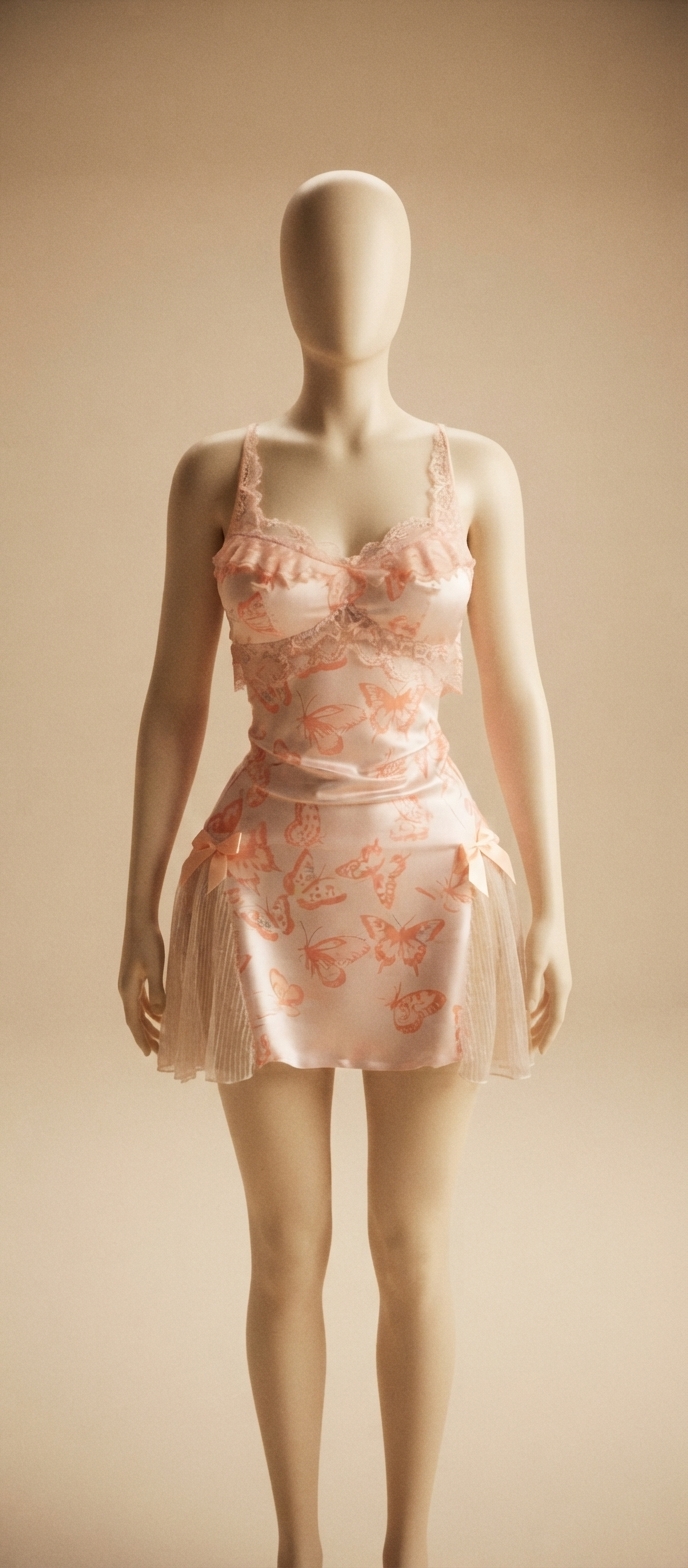 Peach Butterfly Print Satin and Lace Chemise Set