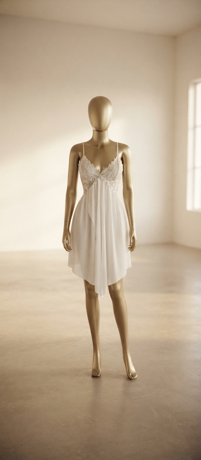 White Lace and Sheer Mesh Babydoll Slip