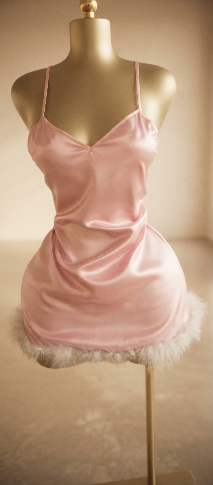Pink Satin Feather-Trim Slip Dress