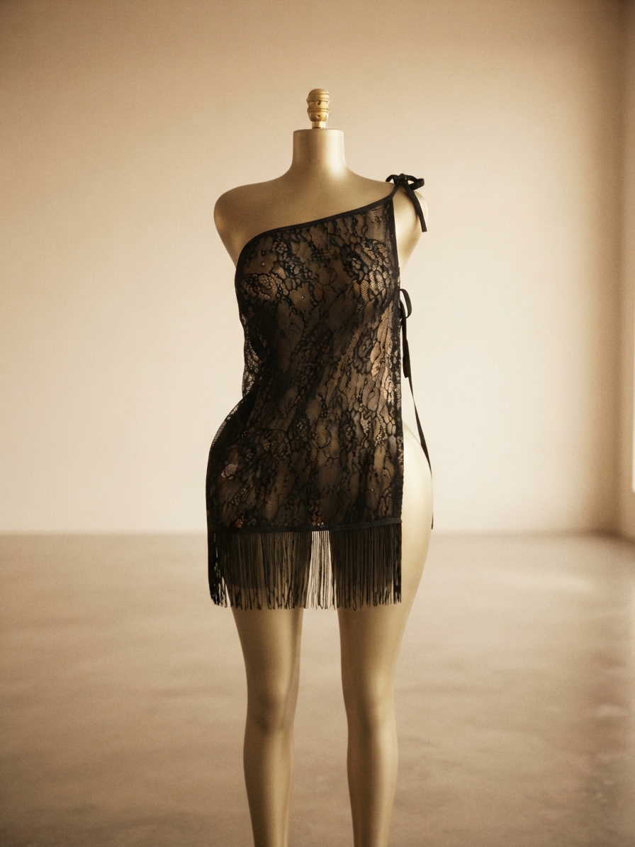 Black Lace One-Shoulder Fringe Dress