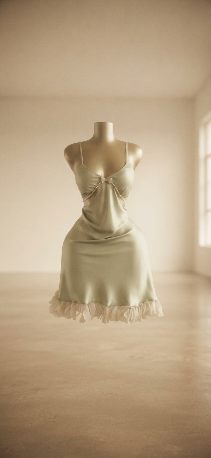 Sage Green Satin Ruffle-Trim Slip Dress