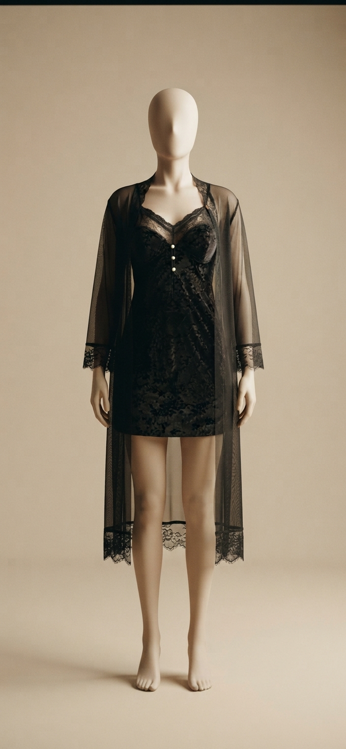 Black Sheer Mesh and Lace Robe and Slip Set