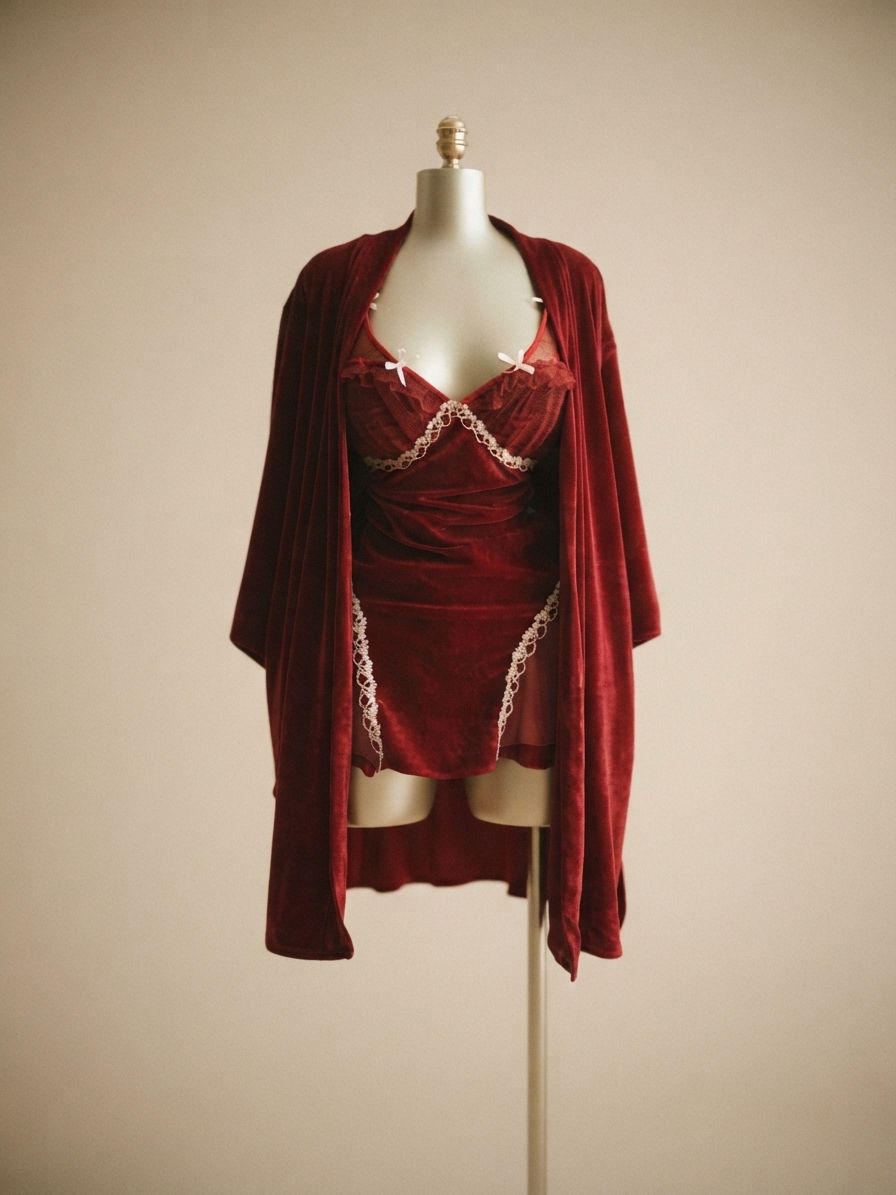 Red Velvet and Lace Robe and Slip Set