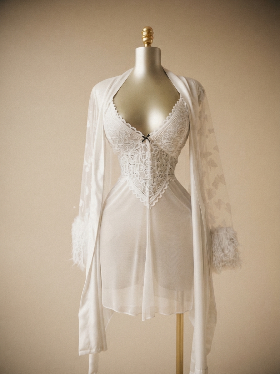 White Lace-Trim Slip and Feather Cuff Robe Set