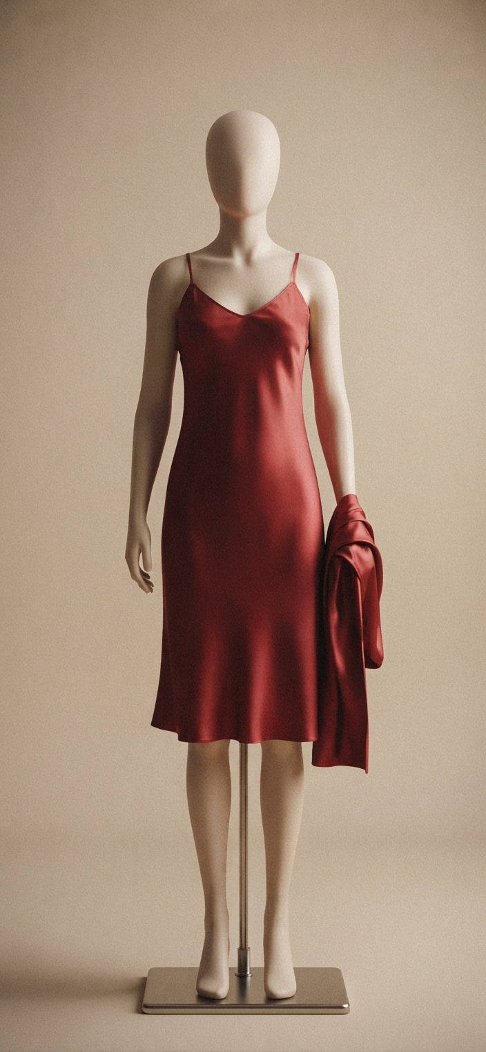 Red Satin Midi Slip Dress with Scarf Set