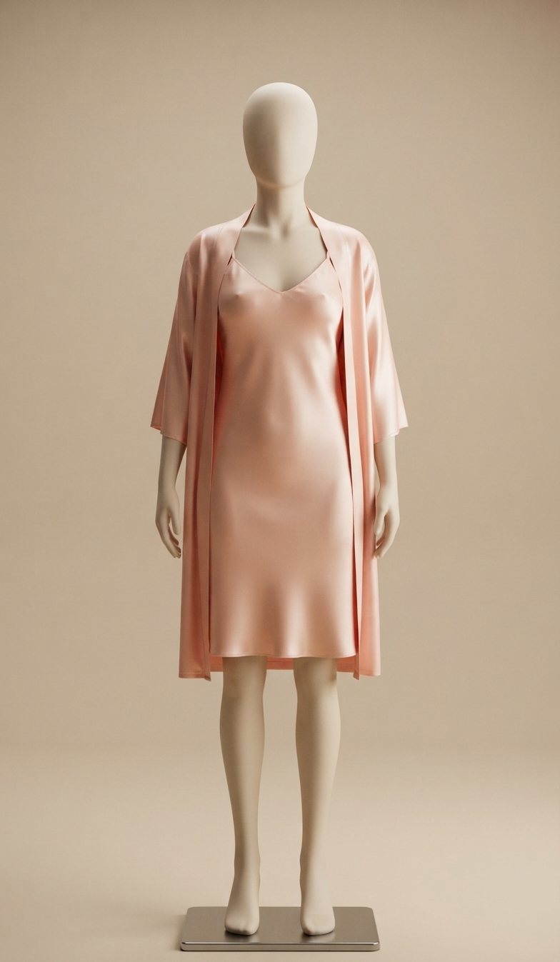 Peach Satin Robe and Midi Slip Dress Set