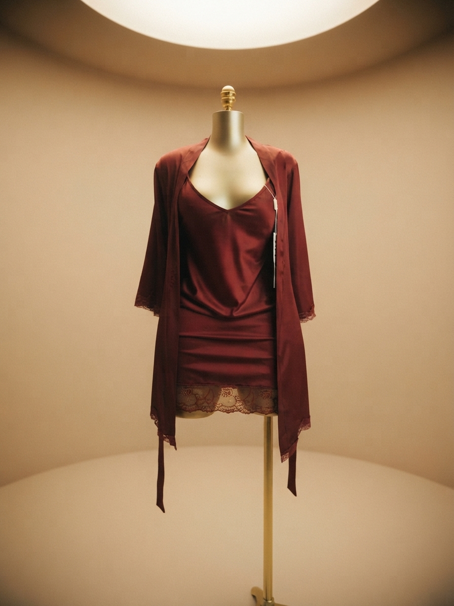 Deep Red Satin and Lace Robe and Slip Set