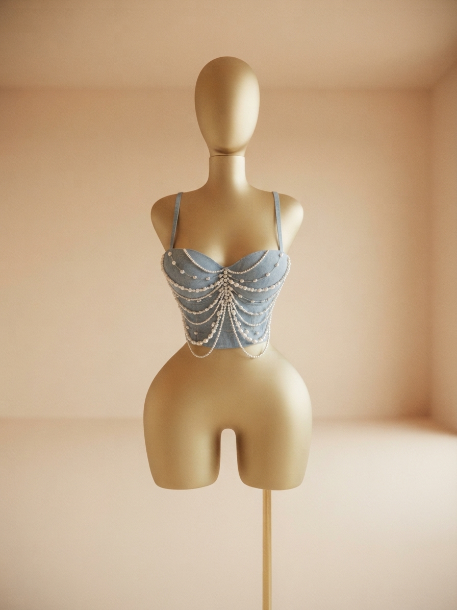 Denim and Pearl-Embellished Bustier Top