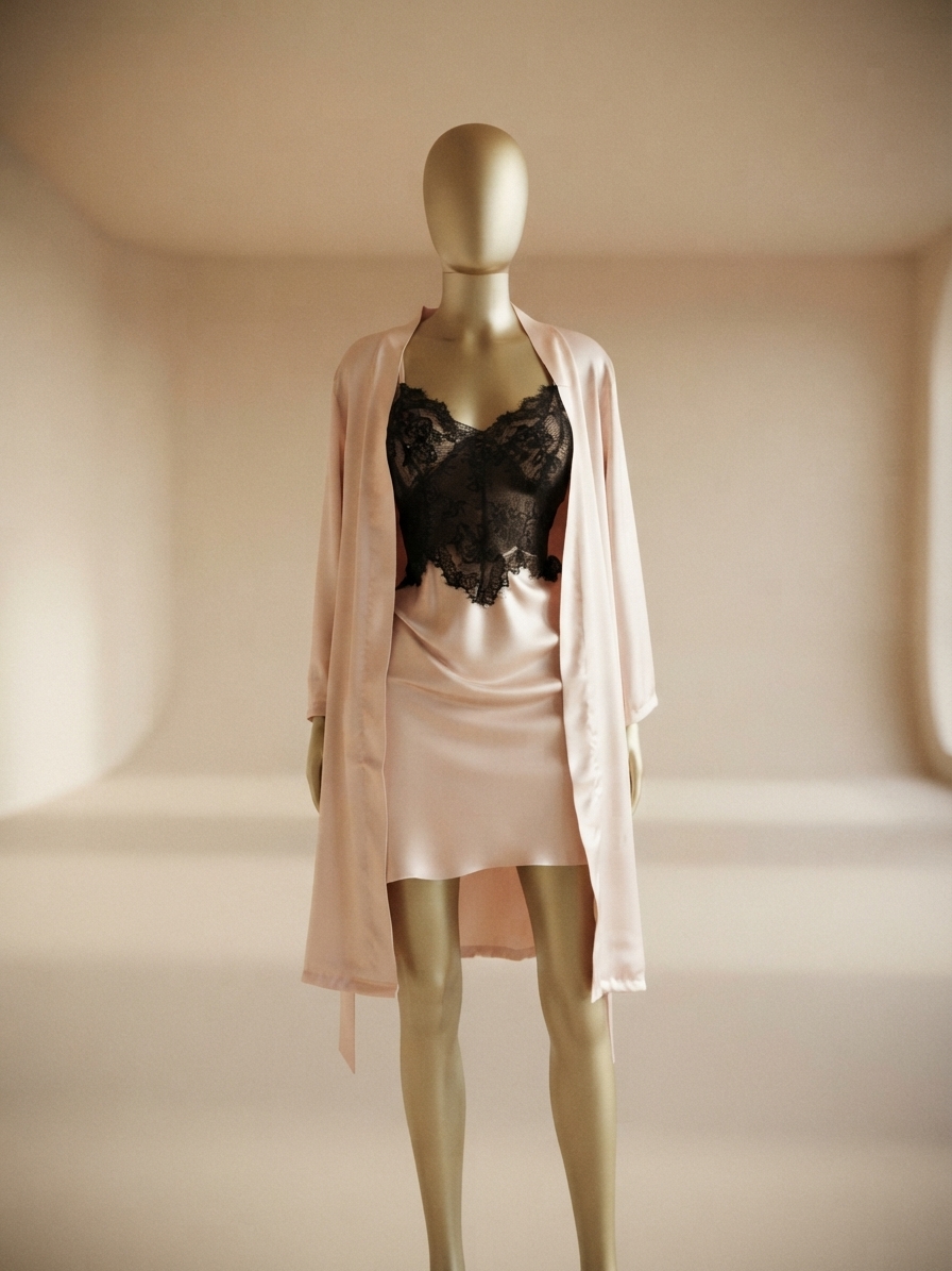 Blush Satin and Black Lace Robe and Slip Set