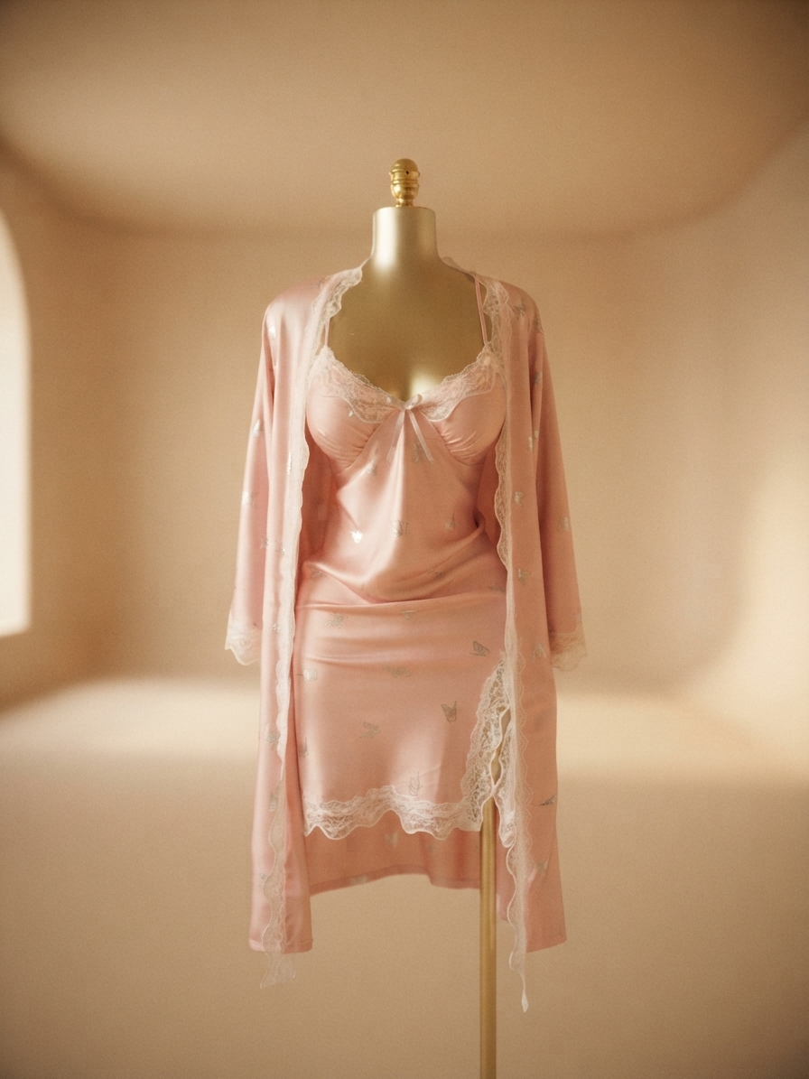Pink Butterfly-Print Satin Lace-Trim Robe and Slip Set