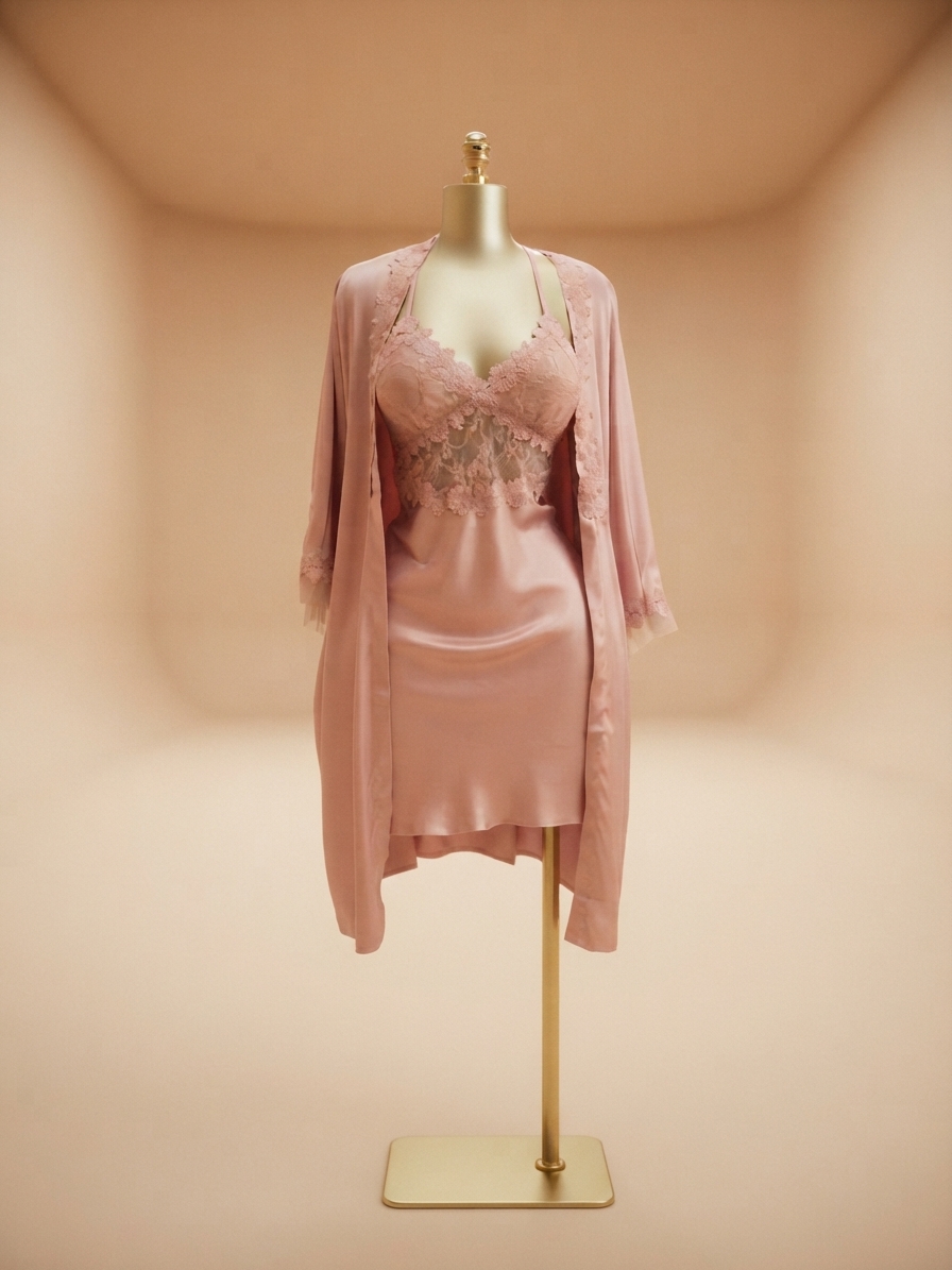 Dusty Rose Satin and Lace Robe and Slip Set
