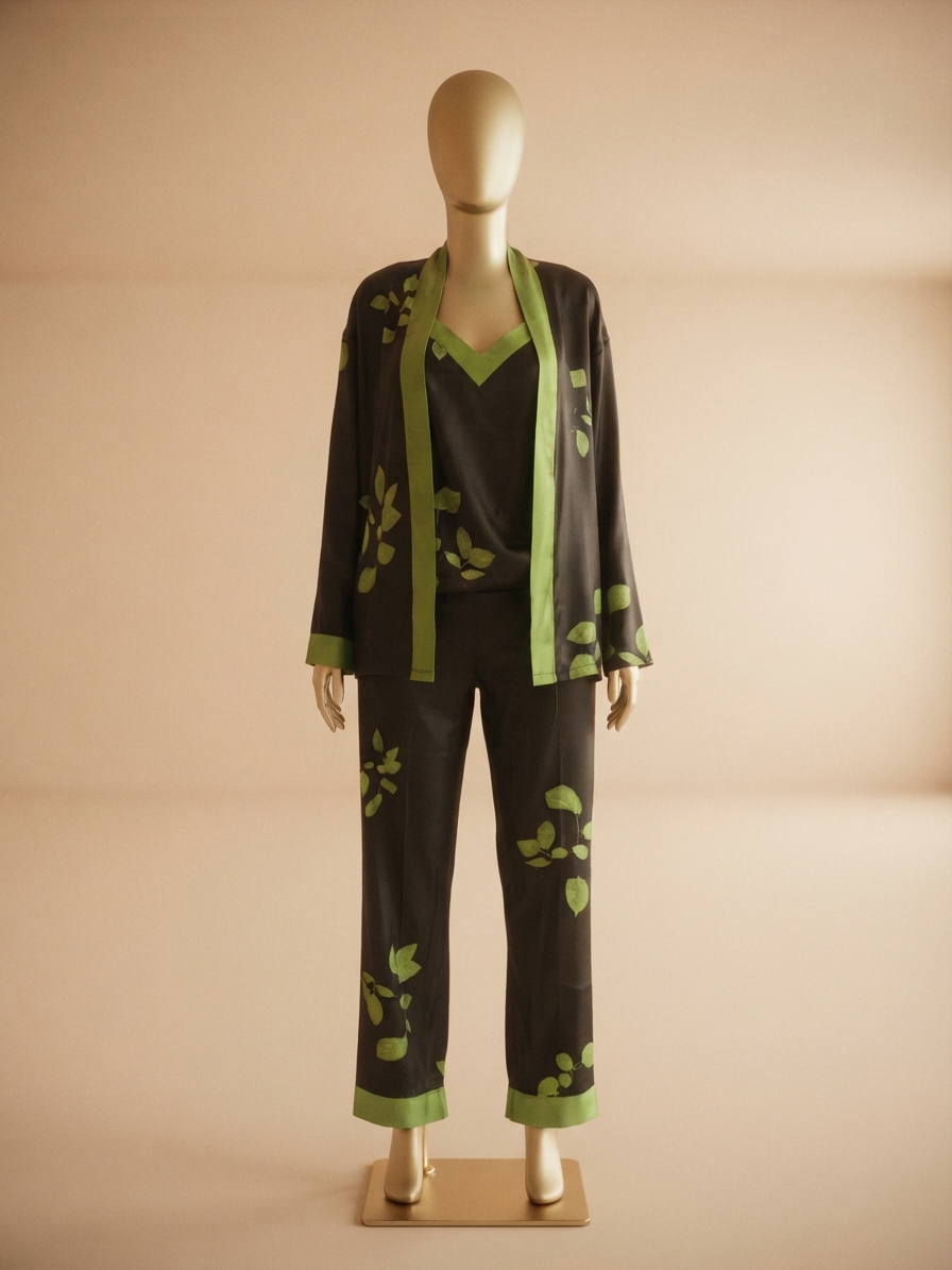 Black and Green Leaf-Print Pajama and Robe Set