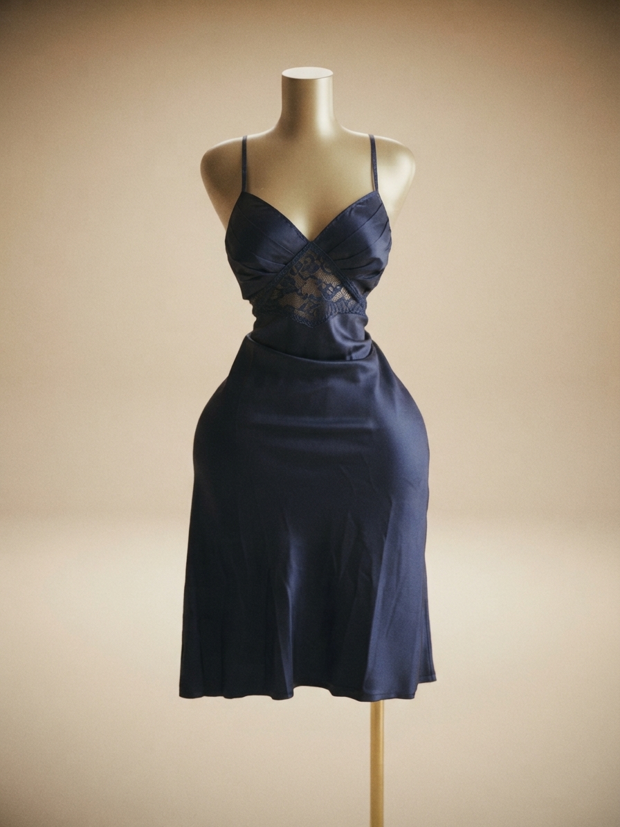 Navy Blue Satin and Lace Slip Dress