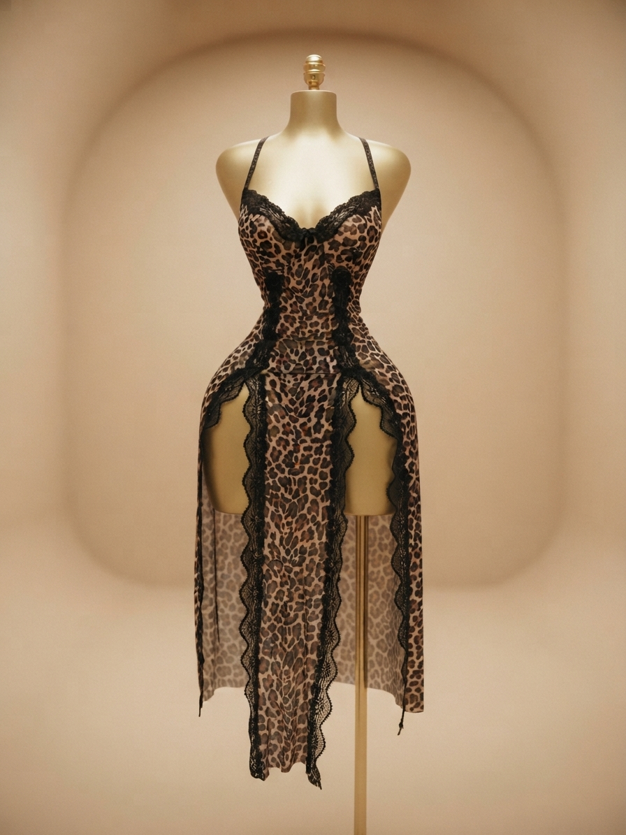 Leopard Print Lace-Trimmed Slip Dress