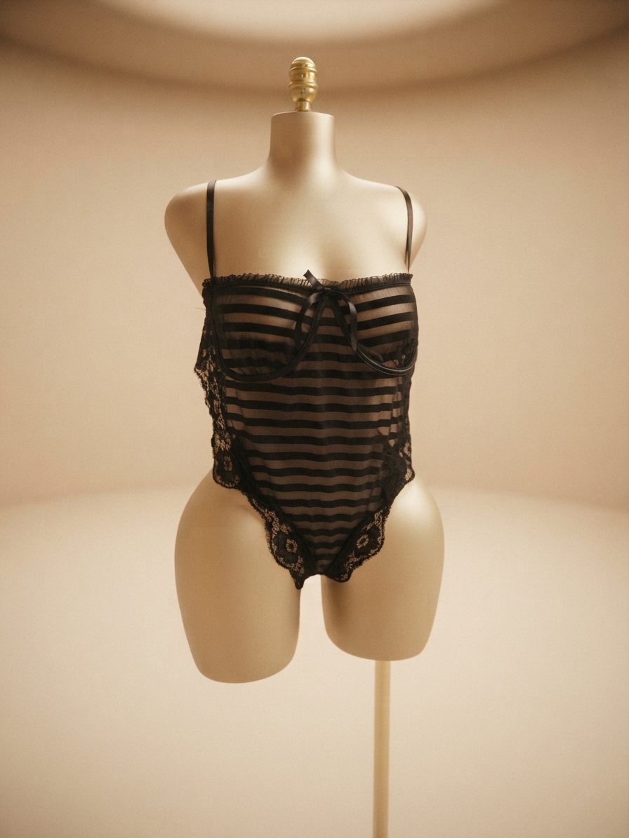 Black Striped Mesh and Lace Bodysuit