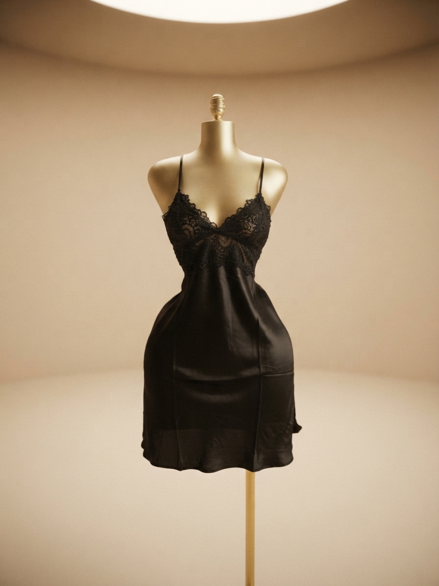 Black Satin and Lace Slip Dress