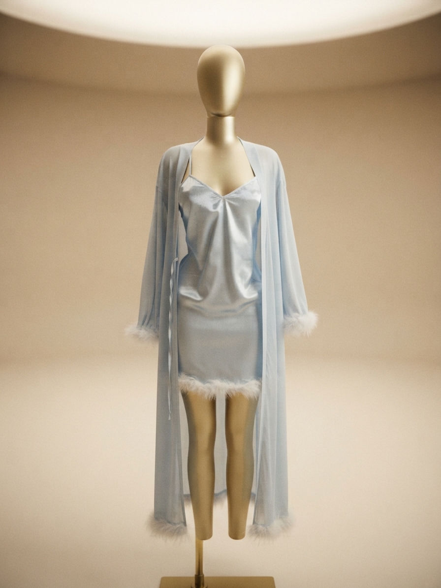Light Blue Satin Slip and Feather Trim Robe Set