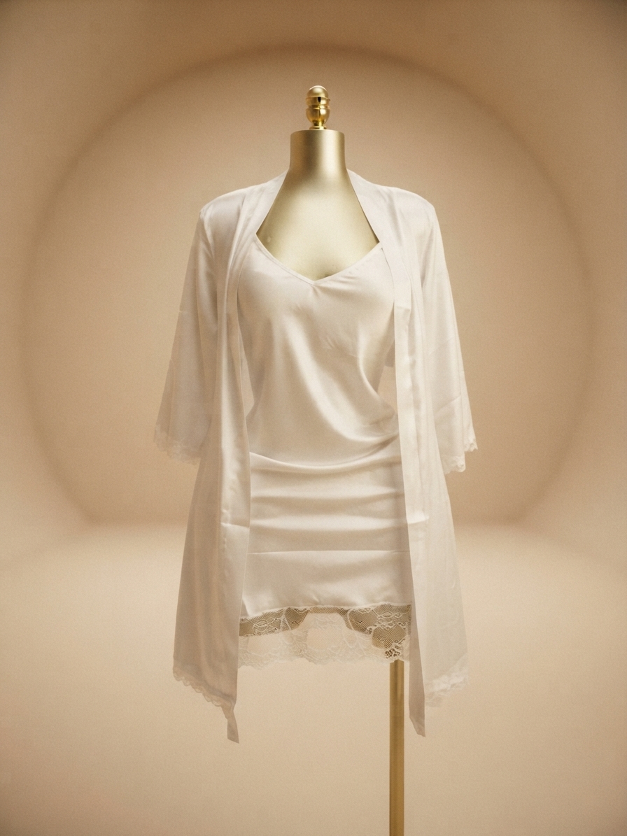 White Satin and Lace Robe and Slip Set