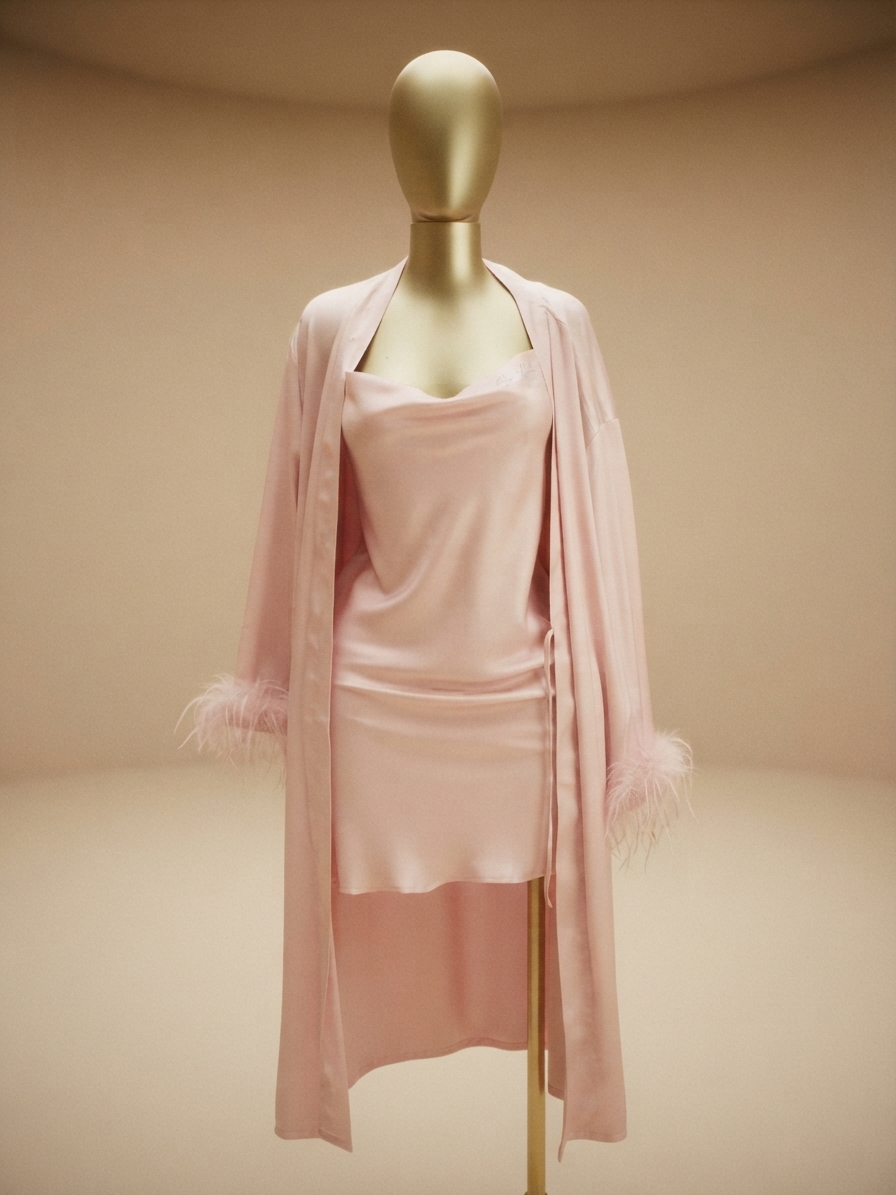 Pink Satin Slip and Feather Cuff Robe Set