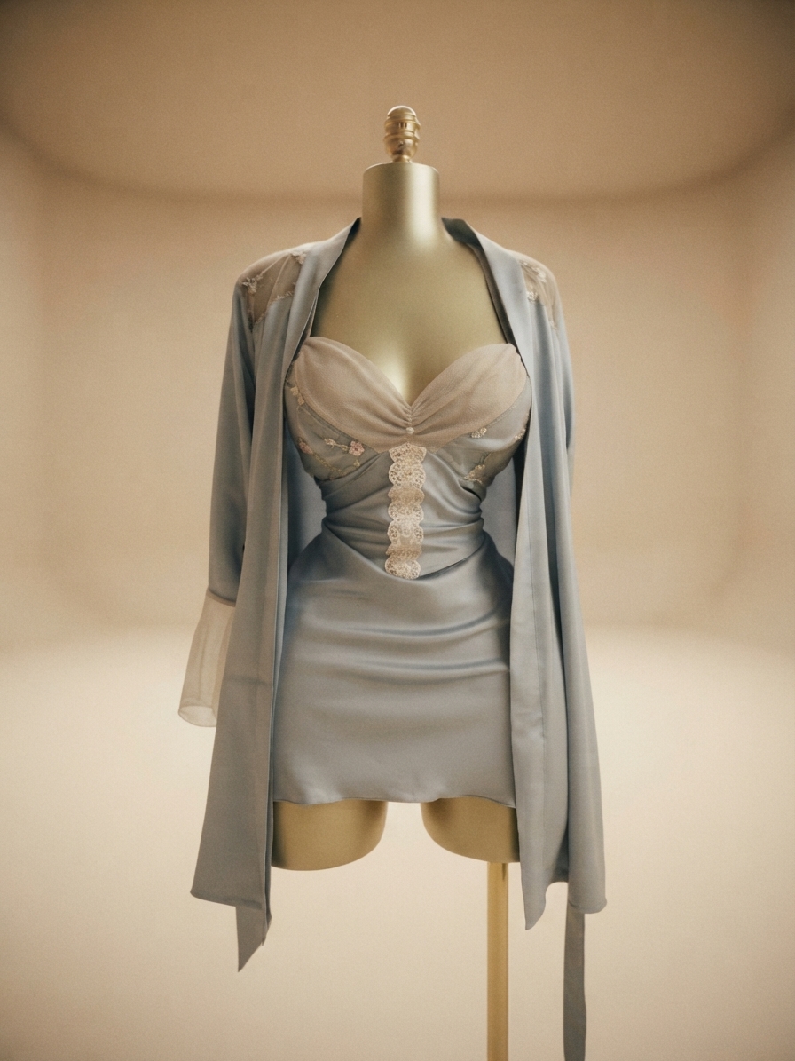 Light Blue Satin and Lace-Trimmed Robe and Slip Set
