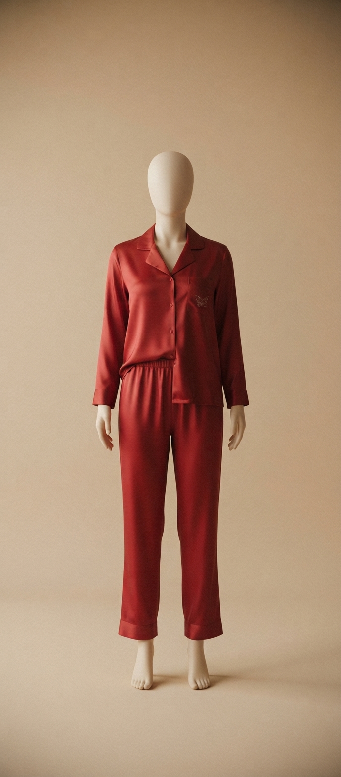Red Butterfly Embroidered Satin Pajama Set