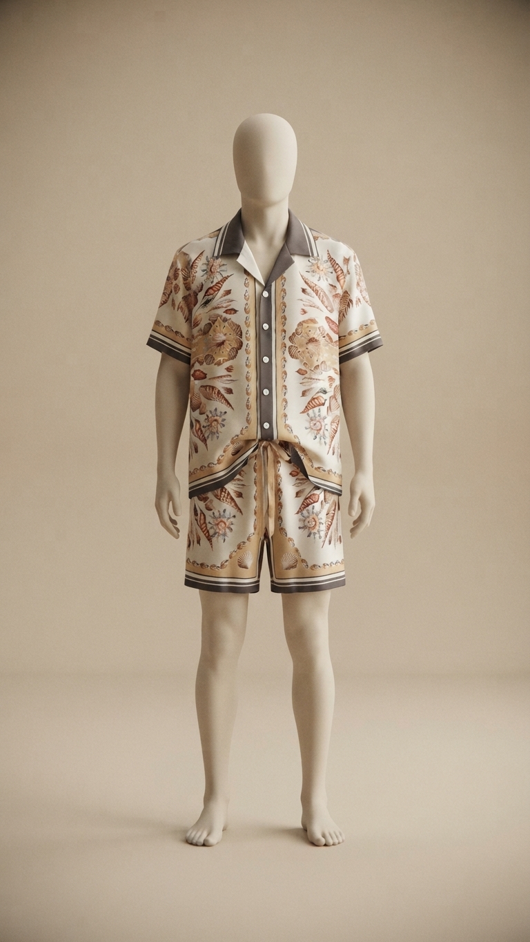 Beige Seashell-Print Short-Sleeve Pajama and Shorts Set