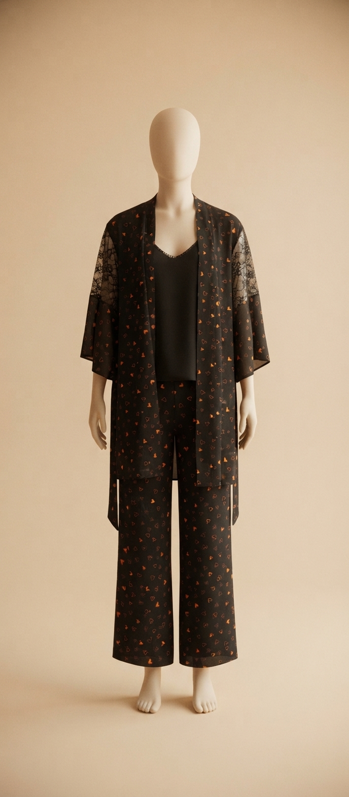 Black and Orange Print Three-Piece Robe and Lounge Set