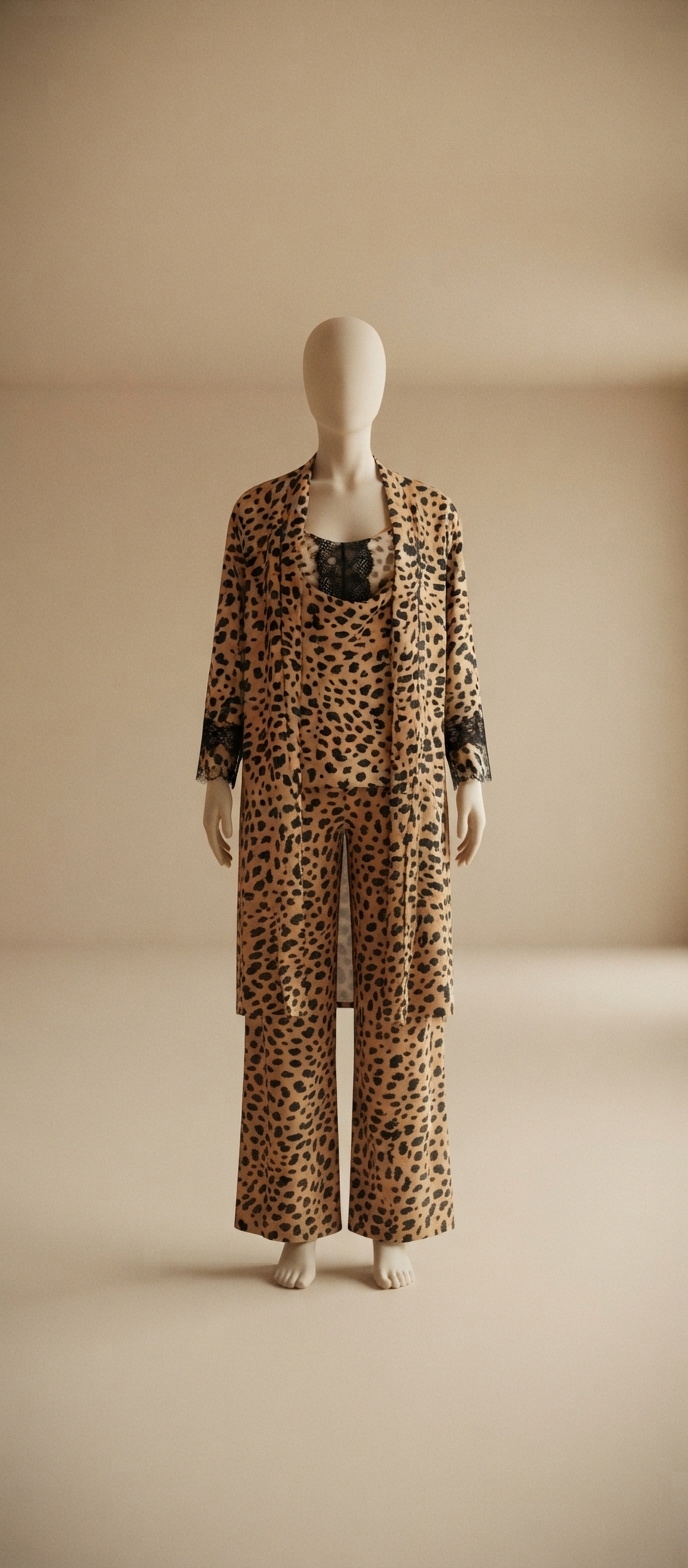 Leopard Print and Black Lace Three-Piece Robe and Lounge Set