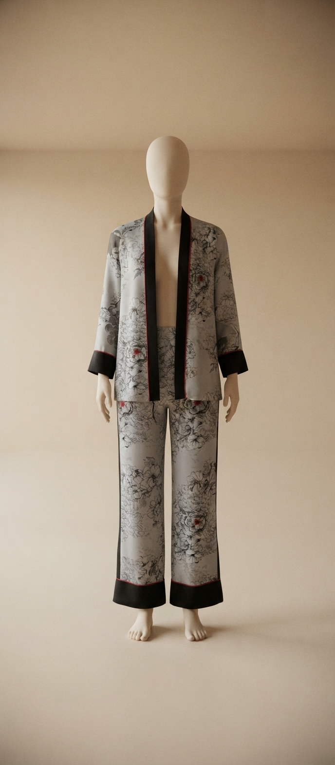 Grey Floral Kimono and Lounge Set