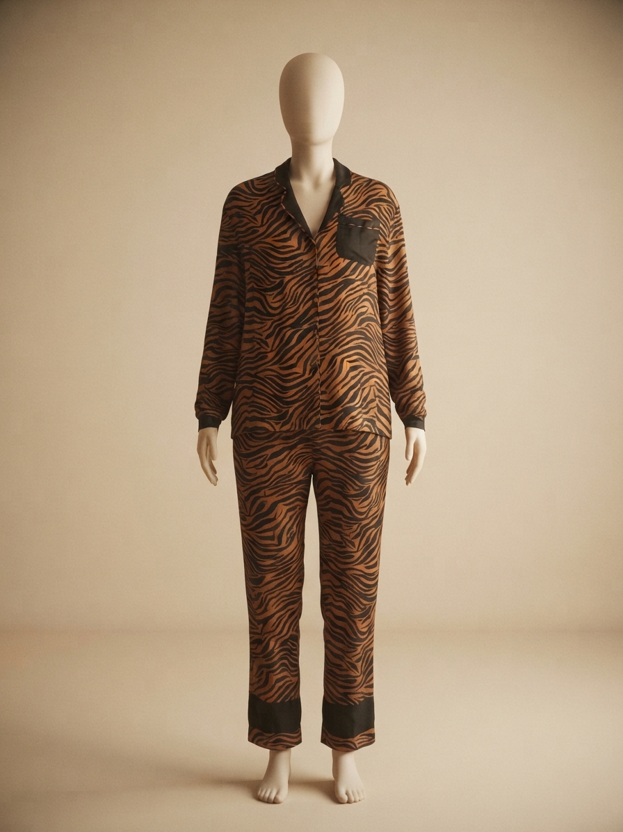 Brown Tiger-Print Long-Sleeve Pajama Set